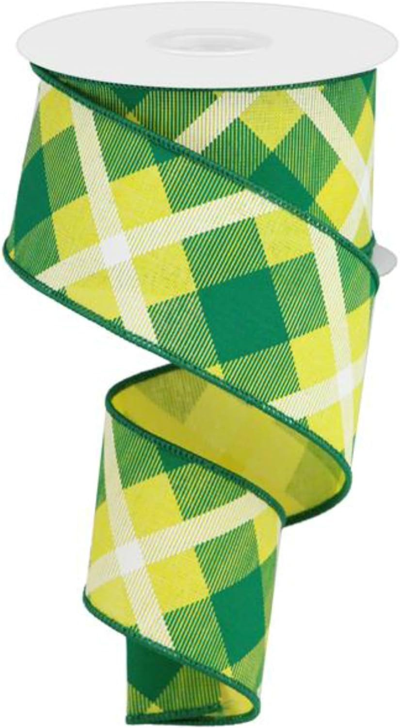 Plaid Canvas Wired Edge Ribbon, 10 Yards (Yellow, Green, White, 2.5)