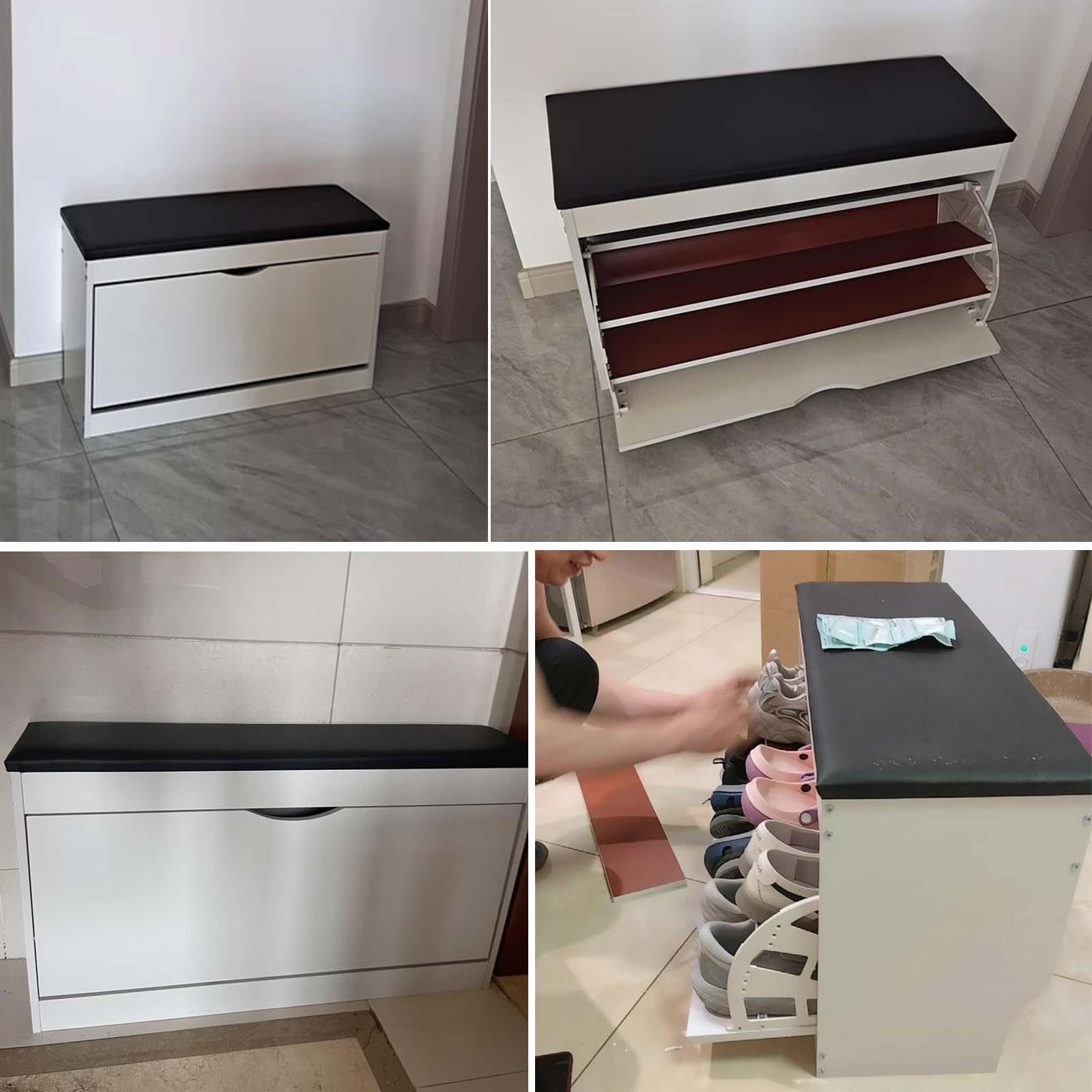 Estrecho 17 Cm Banco Zapatero Blanco Pasillo Multifuncional Armario Zapateros Baúl con Puerta abatible Estante De Pie Libre Asiento Acolchado para Entradas Dormitorios(White,60x17x46cm)