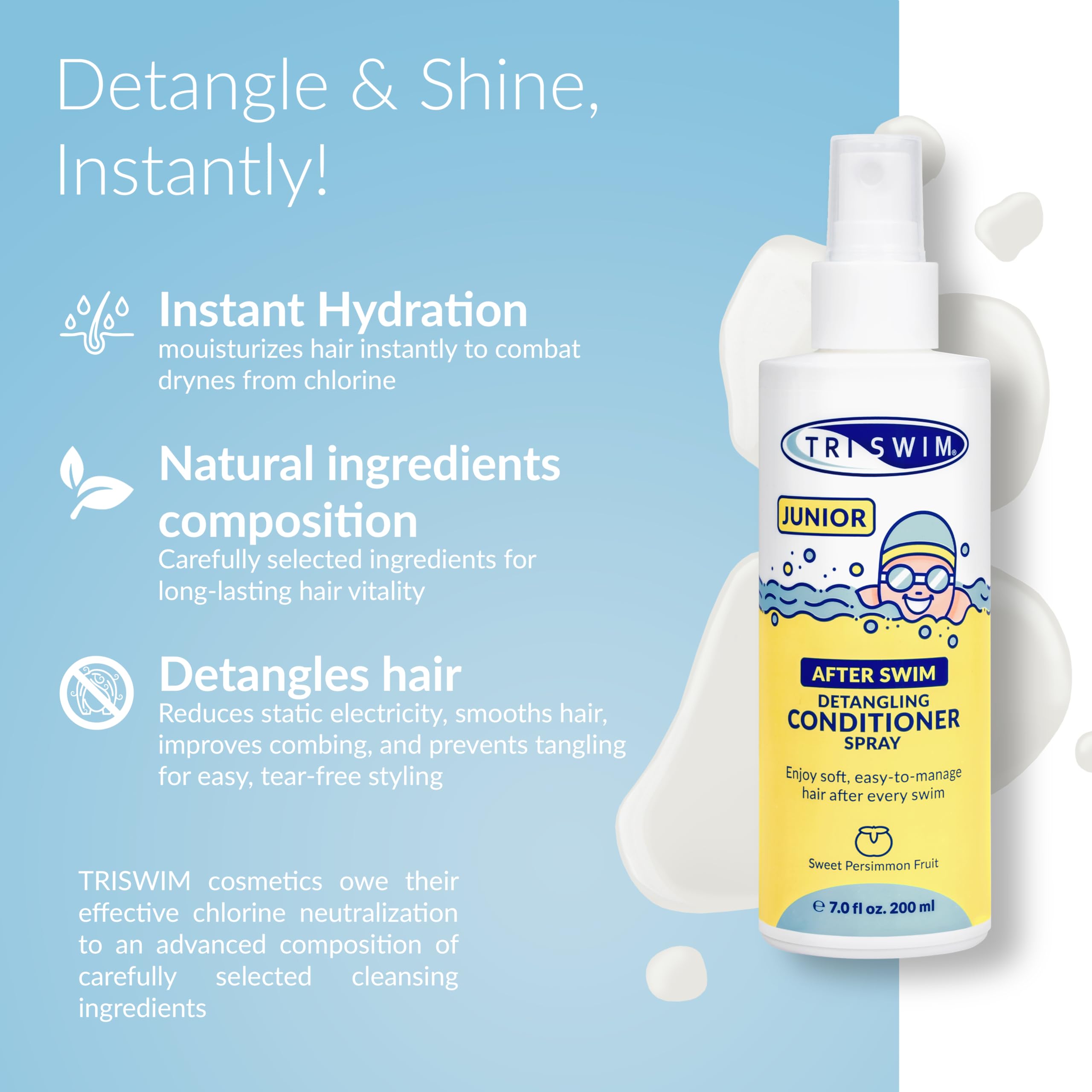 TRISWIM Junior After Swim - Acondicionador desenredante en Aerosol para niños, Protege y repara el Cabello dañado por Cloro, Productos químicos de Piscina y Agua Salada, desenredante de Cabello