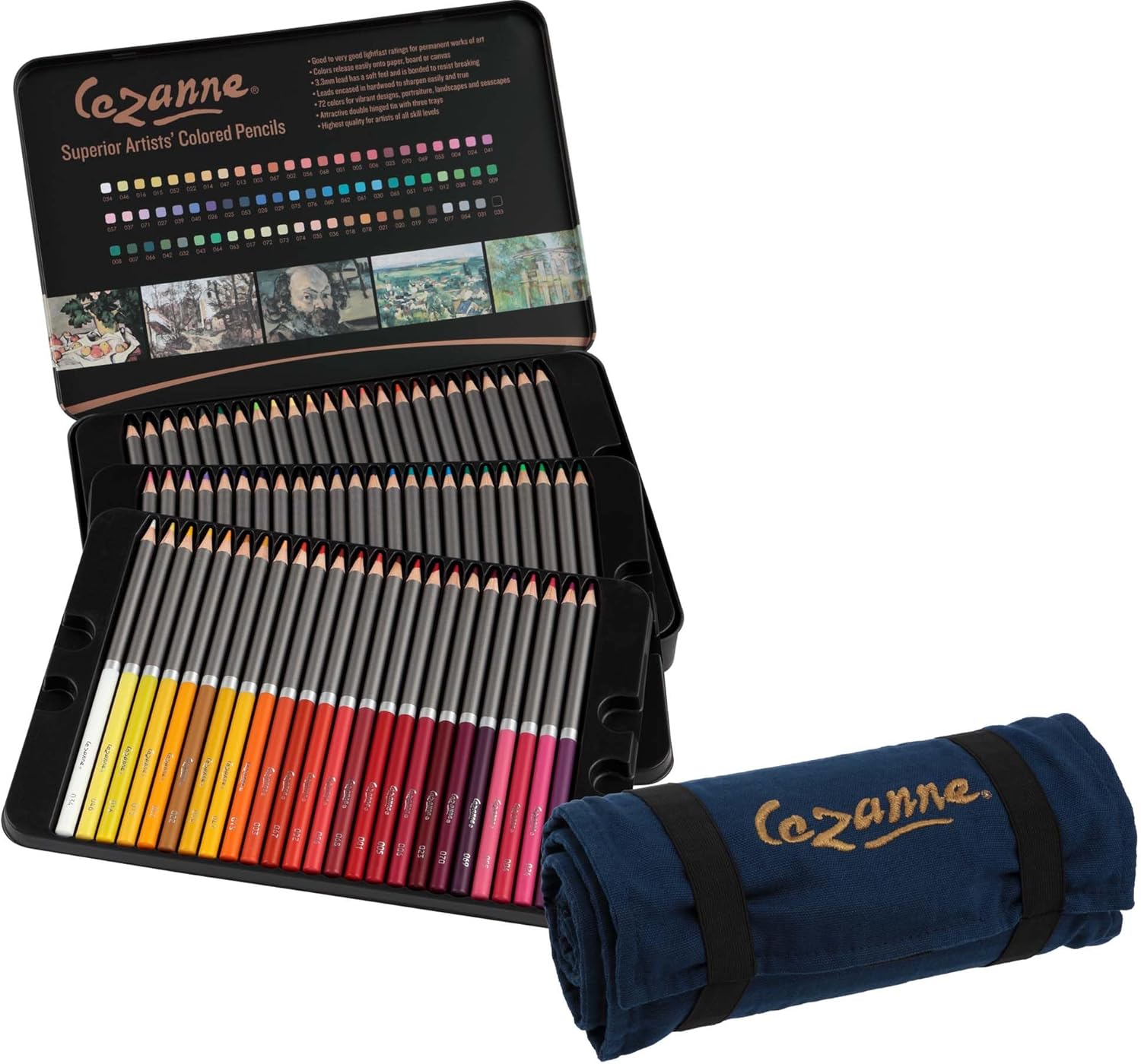 Cezanne Set of 72 Professional Colored Pencils with Canvas Roll-Up Case - Premium, High Pigment Colored Pencils, 3.3mm Diameter Lead and Storage Case with Zipper Pouch - Can Hold up to 72 Pencils