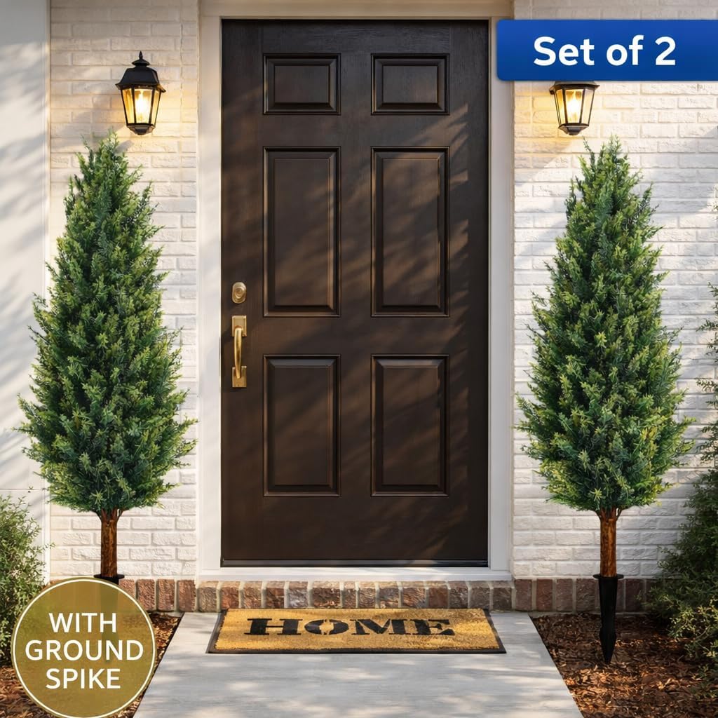 3FT Artificial Cedar Topiary Trees Outdoor with Ground Spike (Set of 2), Faux Evergreen Plants for Front Door Porch Decor, UV Resistant Fake Shrubs for Patio Garden Entryway