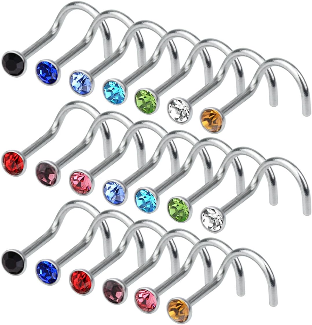 cnomg20 Pieces 316L Stainless Steel Rhinestone Nose Stud Rings Body Piercing- 10 Mixed Color 2.2 MM, 7MM