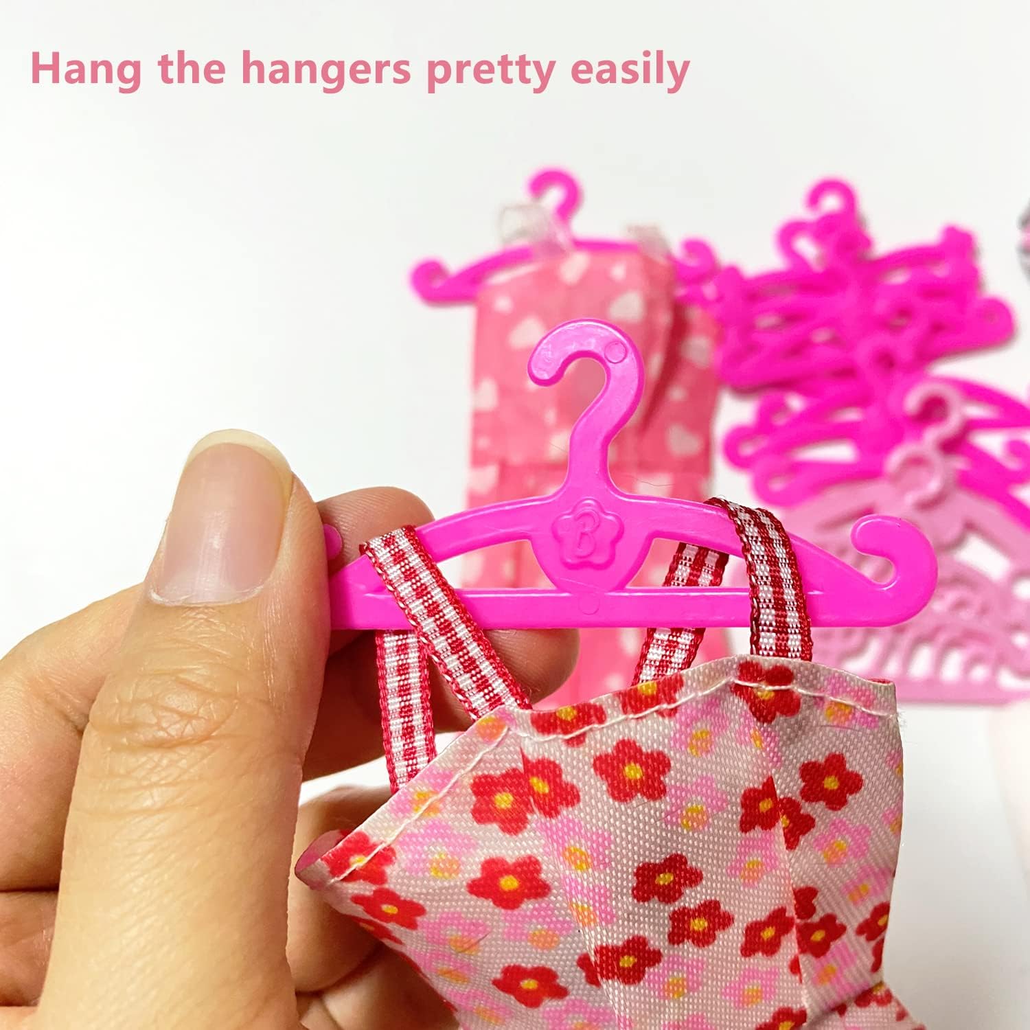 55PCS Barbie Doll Hangers with Display Rack - Mini Clothes Hangers for 11.5 & 12 Inch Dolls, Plastic Organizer Storage for Doll Dresses Outfits (Pink)