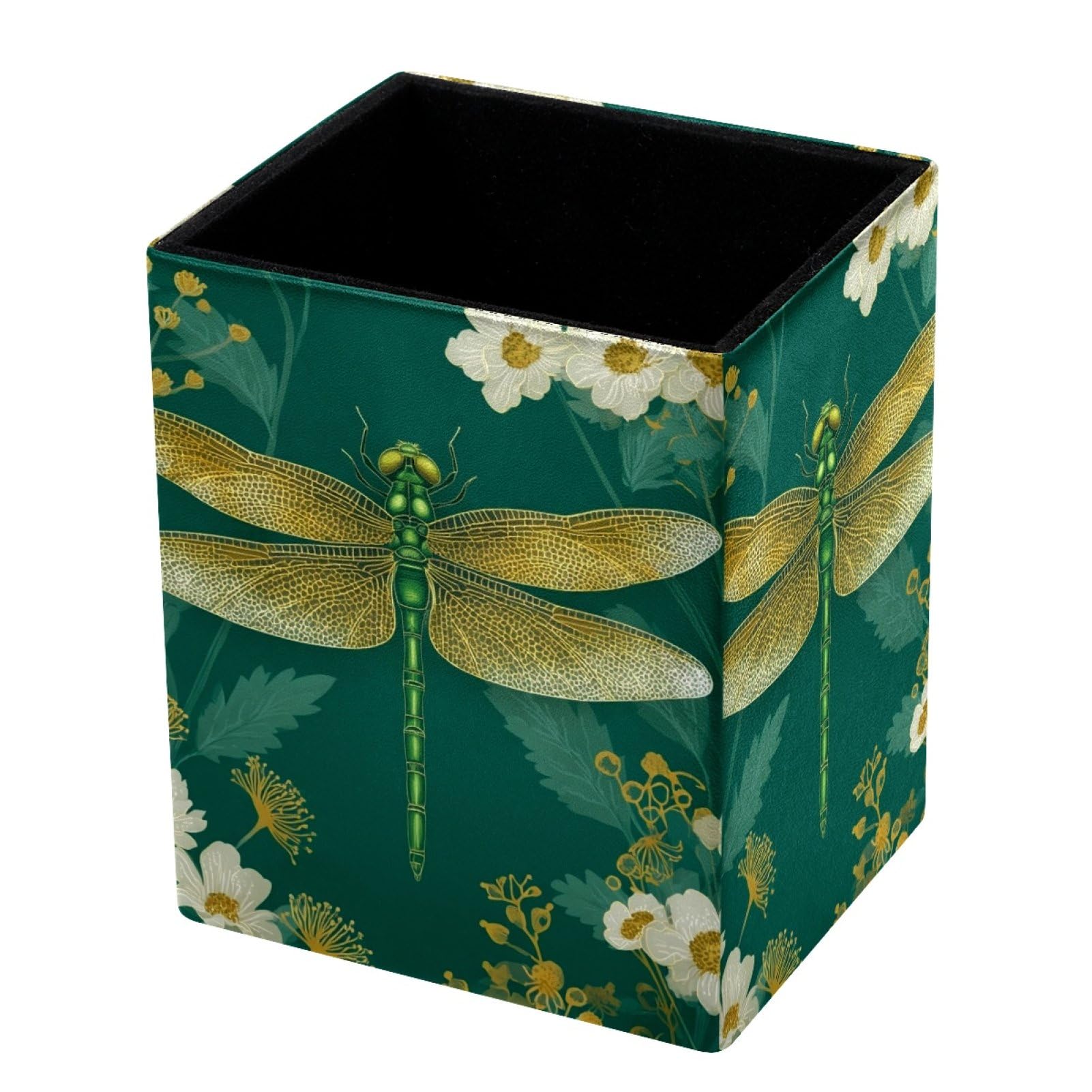 FWJZDSP Desktop Pencil Holder, Dragonflies and Flowers Rectangular Pencil Cup, Pencil Storage Bag Office Desk Supplies Case for School