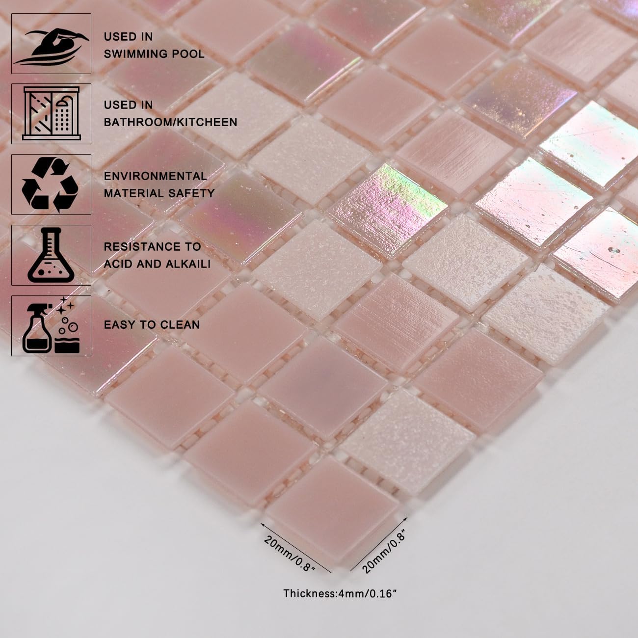 11.5 Sq.Ft Rainbow Pink Glass Mosaic Tiles, 12.9" Sheets (10-Pack), Waterproof Mesh-Mounted Backsplash for Kitchen Wall & Bathroom Floor, Grout Required (Not Peel and Stick), 4mm Iridescent