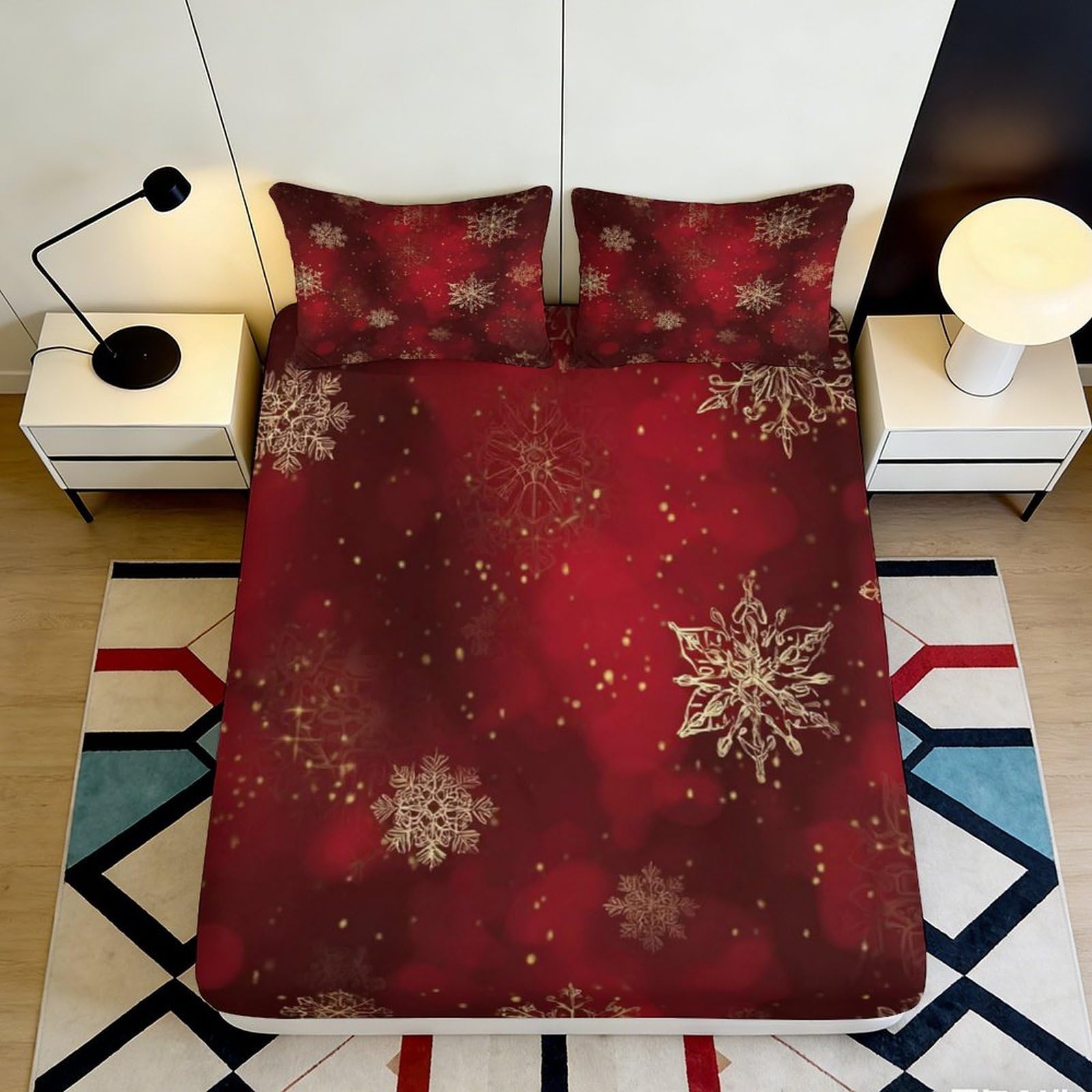 3D Printed Red Snowflake Fitted Sheet Microfiber Soft Breathable Golden Snow Pattern Mattress Cover for Bedroom Dormitory Guest Room Protection 200x200x25cm