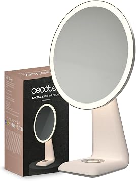 Cecotec Round Makeup Mirror with Function Lamp FaceCare Mirror Design. Rechargeable, 3 Light Intensities, Elegant and Modern, Body Material Fabric, Touch Button, Type C Charging Cable