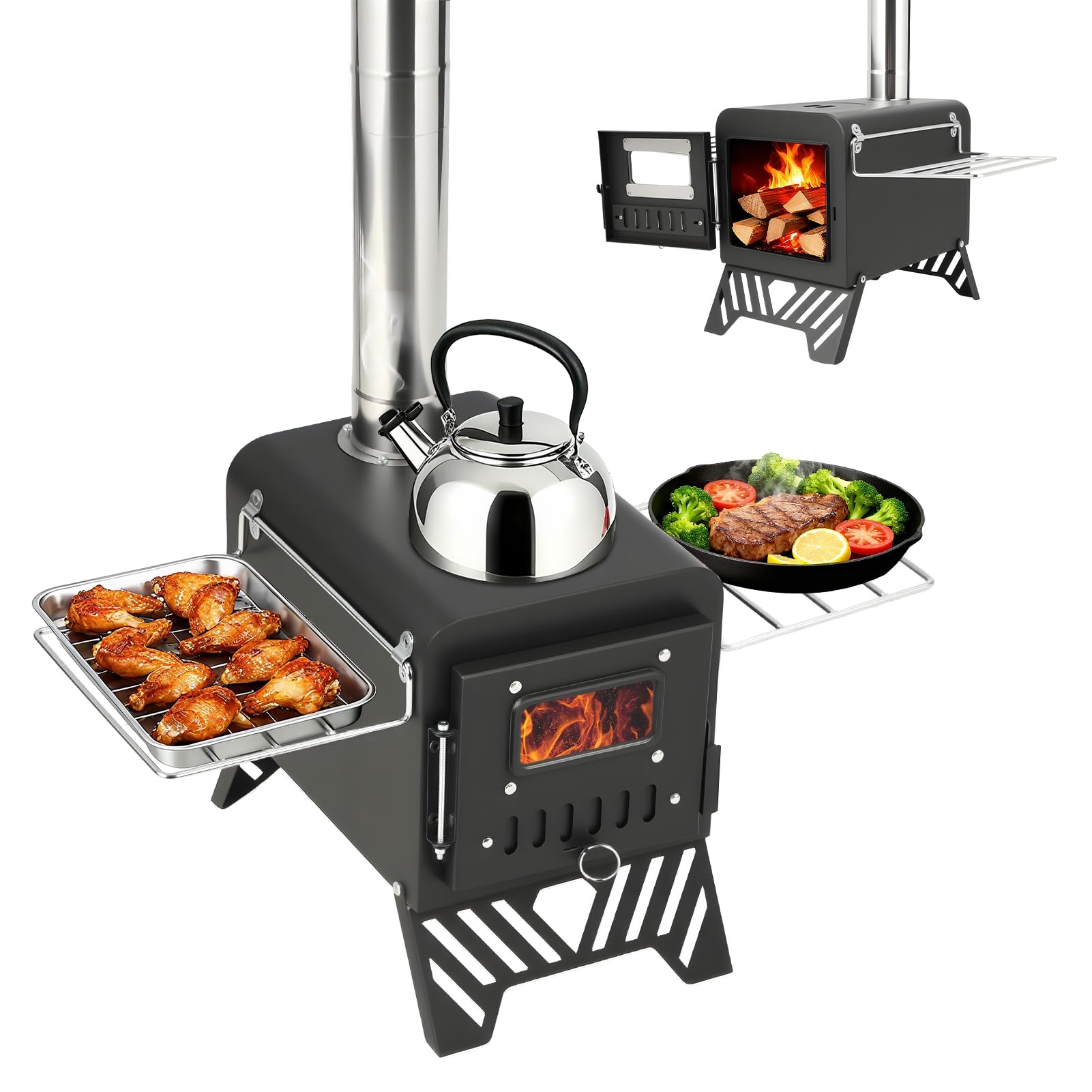 Camping Tent Stove, Foldable Tent Wood Burning Stove, Portable Hot Tent Wood Stove with Windproof Chimney for Outdoor Camping Cooking, Black