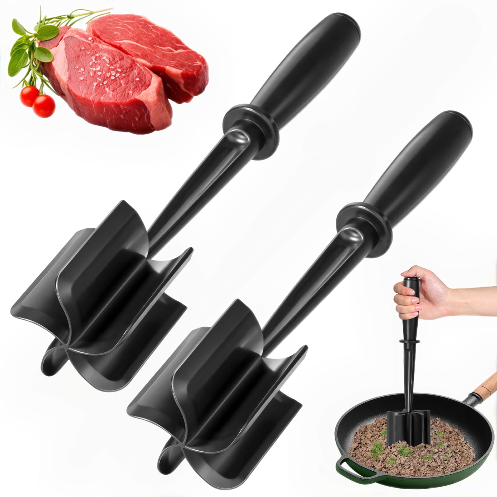 Mince Masher, 2PCS Ground Beef Meat Masher with 5-Blade Head, Versatile High-Temp Heat-Resistant Hamburger Meat Chopper