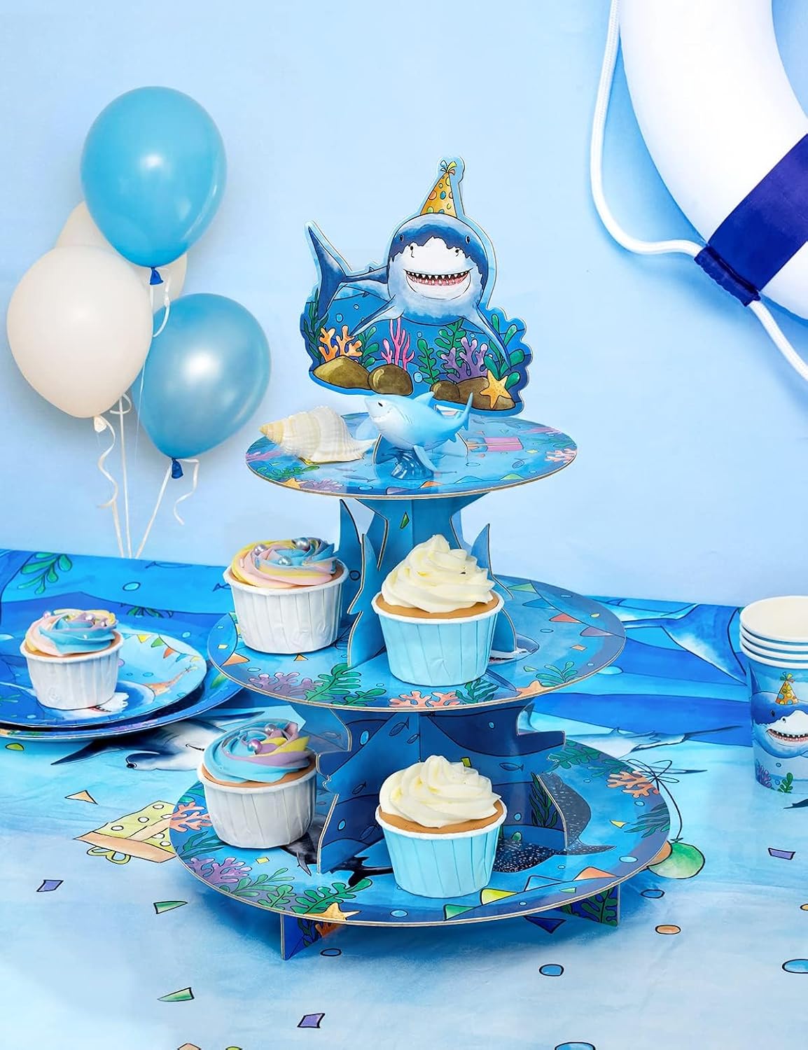 WERNNSAI Shark Cupcake Stand -3 Tier Shark Birthday Party Decorations for Boys Kids Ocean Party Supplies Blue Shark Cupcake Holder Dessert Tower for Ocean Animal Birthday Party Baby Shower Supplies