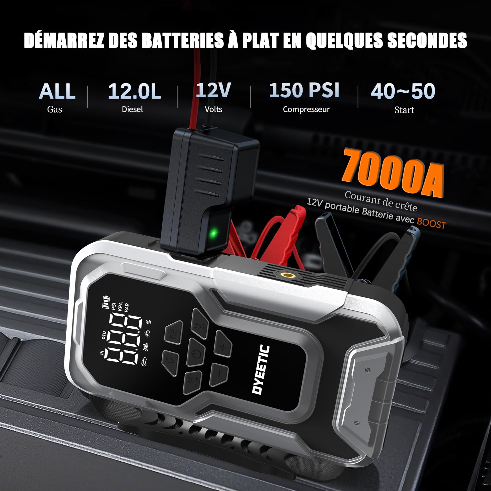 Booster Batterie Voiture Lithium 7000A avec Compresseur 150PSI/10.3Bar, 12V Gonfleur Pneus Voiture Porteable pour Véhicule (Jusqu’à Tout Essence & 12L Diesel), Lumière LED, Câbles de Démarrage