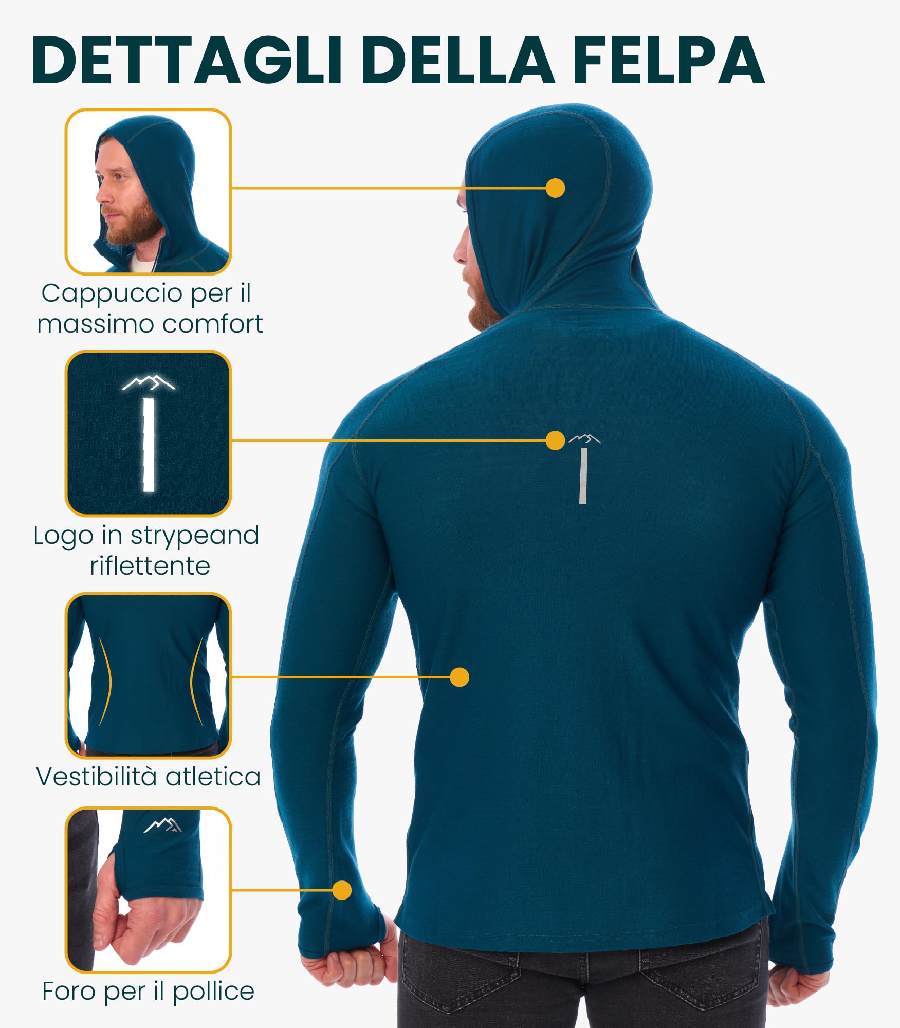 Merino.tech 100% Lana Merino Uomo Felpa con Cappuccio - Strato Base in Lana Merino Uomo Mezza Zip Termica Manica Lunga Camicia Leggera