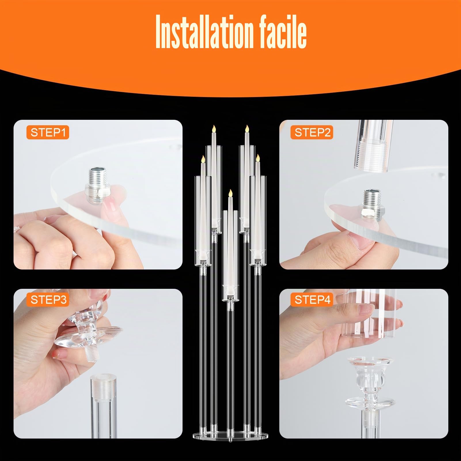4 Pièces de Chandelier, Grands Bougeoirs Transparents pour Bougies Effilées, Bougeoir à 5 Branches avec Abat-Jour en Acrylique, Bougies LED pour Dîners de Mariage (Blanc)