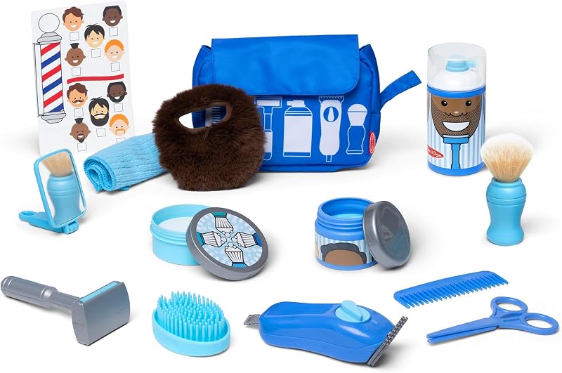 Barber Shop 16-Piece Shaving Accessories Pretend Play Set | Pretend Play Barber Set, Wearable Beard, Shaving Cream Pump, Electric Trimmer, Accessories, Preschool Toys for Kids, Ages 3+