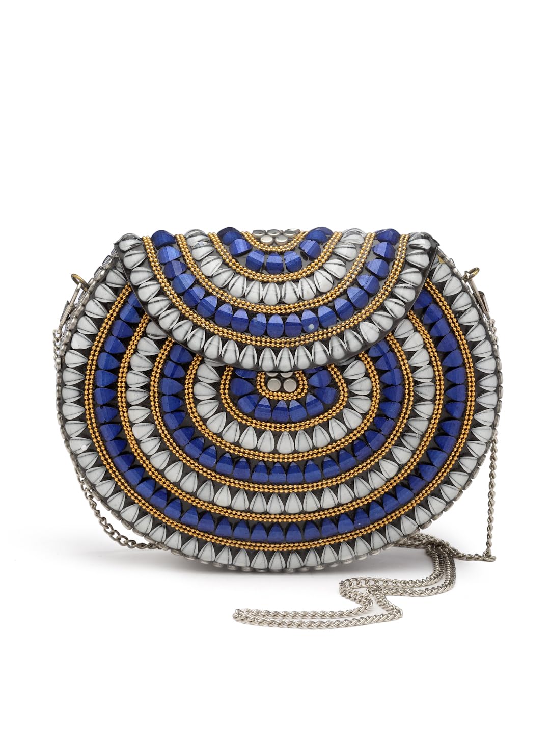Mosaic Stone Work Embellished Metal Clutch-image-47