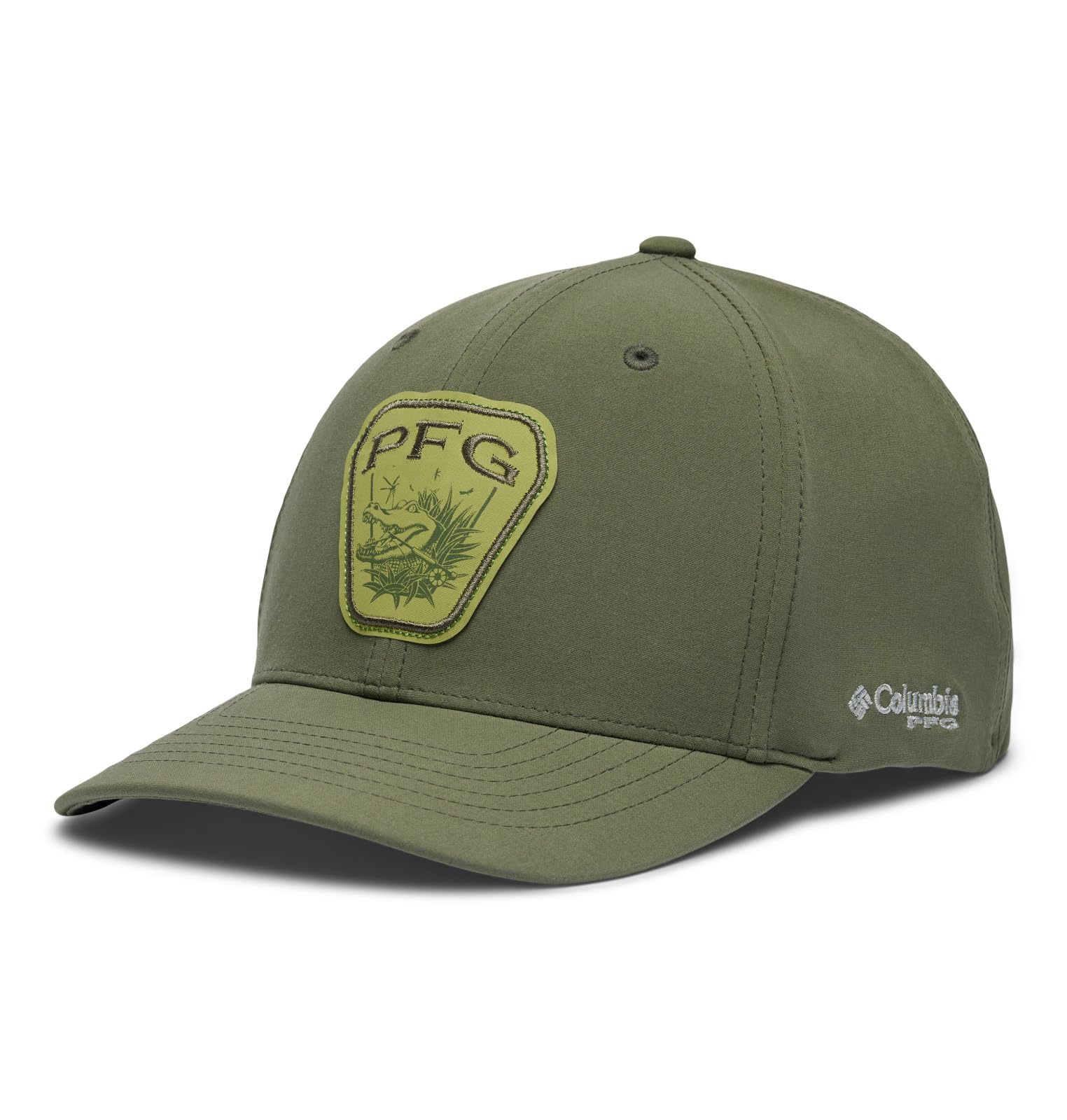 Columbia PFG Uncharted Ball Cap, Cypress/Dark Stone/PFG Gear Gator, Large-X-Large