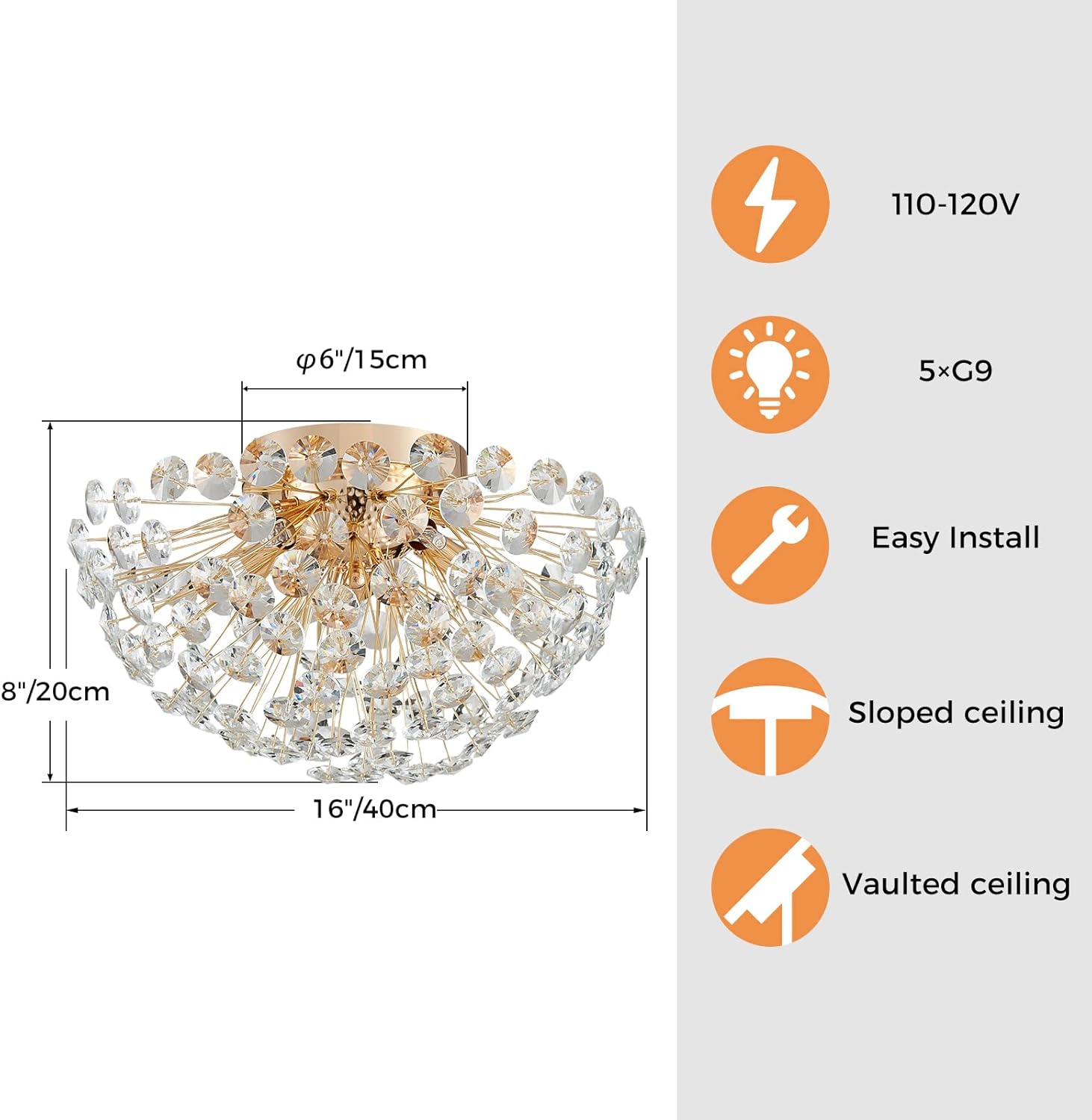 Shrine Lighting Gold Ceiling Light Fixture, Crystal Ceiling Light Fixture for Living Room, H20 x D40cm, G9*5 Sockets, Brilliant Gold Finish Frame