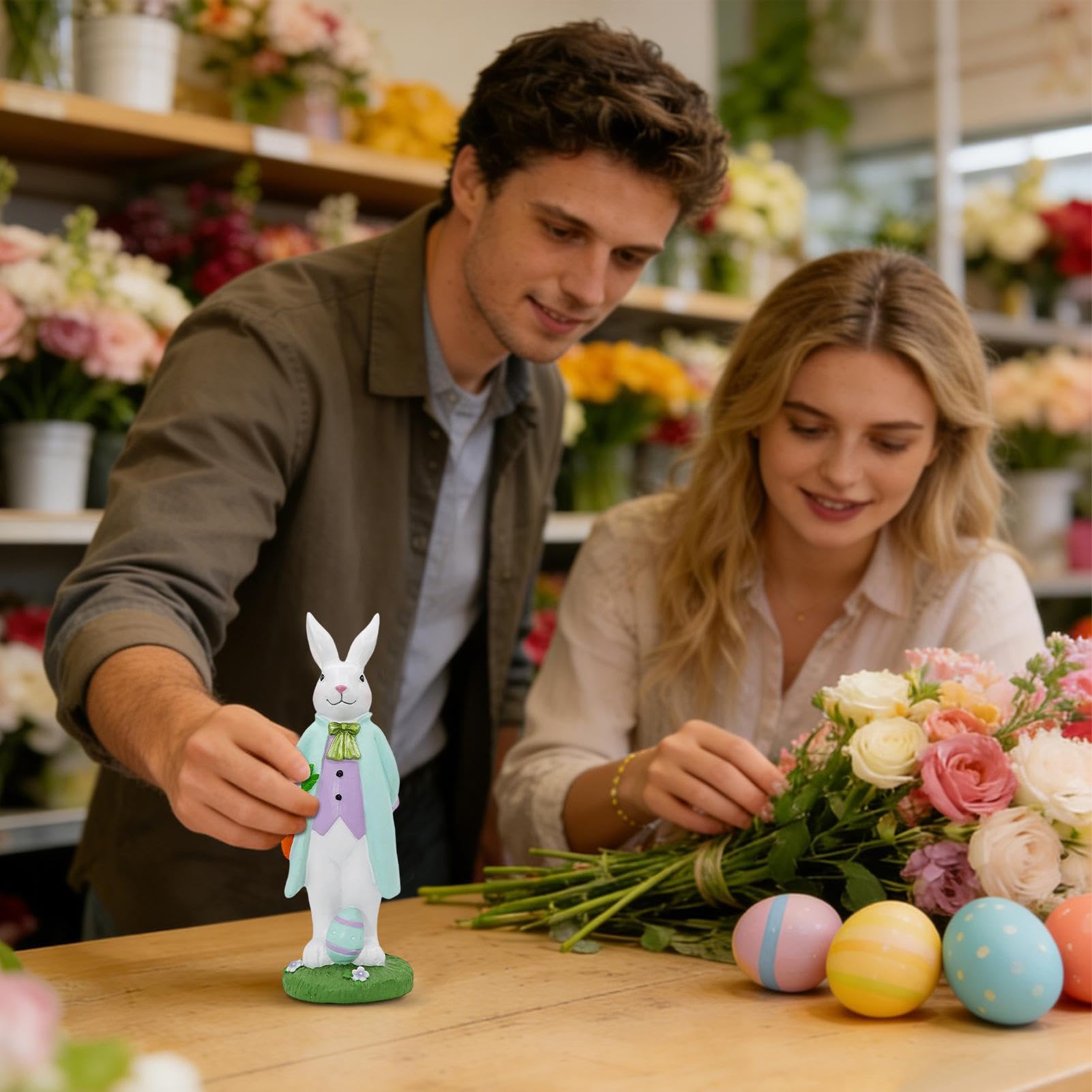 Generico Estatua de conejo de Pascua, decoración de resina primaveral con figura de conejo, para escritorio, para casa, jardín, porche, interior, estante