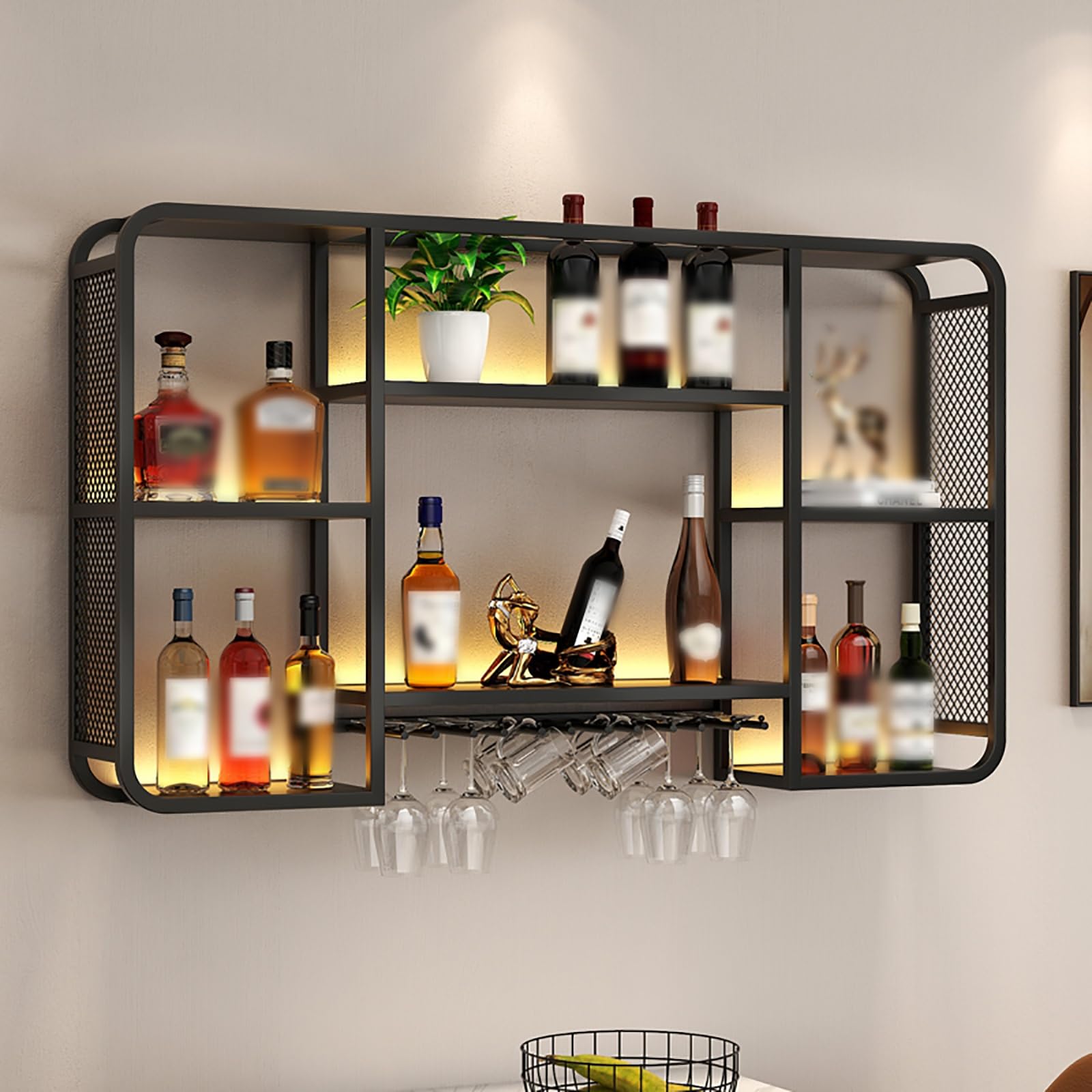 Generico Portabottiglie da Parete di Grande capacità con Luce LED - Elegante portabottiglie da Bar Nero per Soggiorno, Ristorante e Bar di casa (150x20x70 cm)