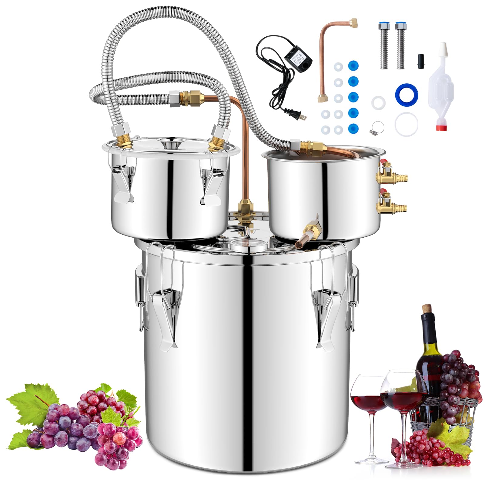 COSTWAY 3 Pot Moonshine Still Distiller, 22L 5Gal Stainless Steel Water Alcohol Distiller with Copper Tube, Built-in Thermometer & Thumper Keg, Wine Spirits Boiler Making Kit (22L 5Gal) — image 1