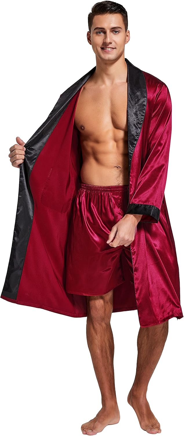 Tony & Candice Men's Satin Robe Lightweight Long Sleeve Silk Kimono Bathrobe with Shorts Set Sleepwear - Image 2