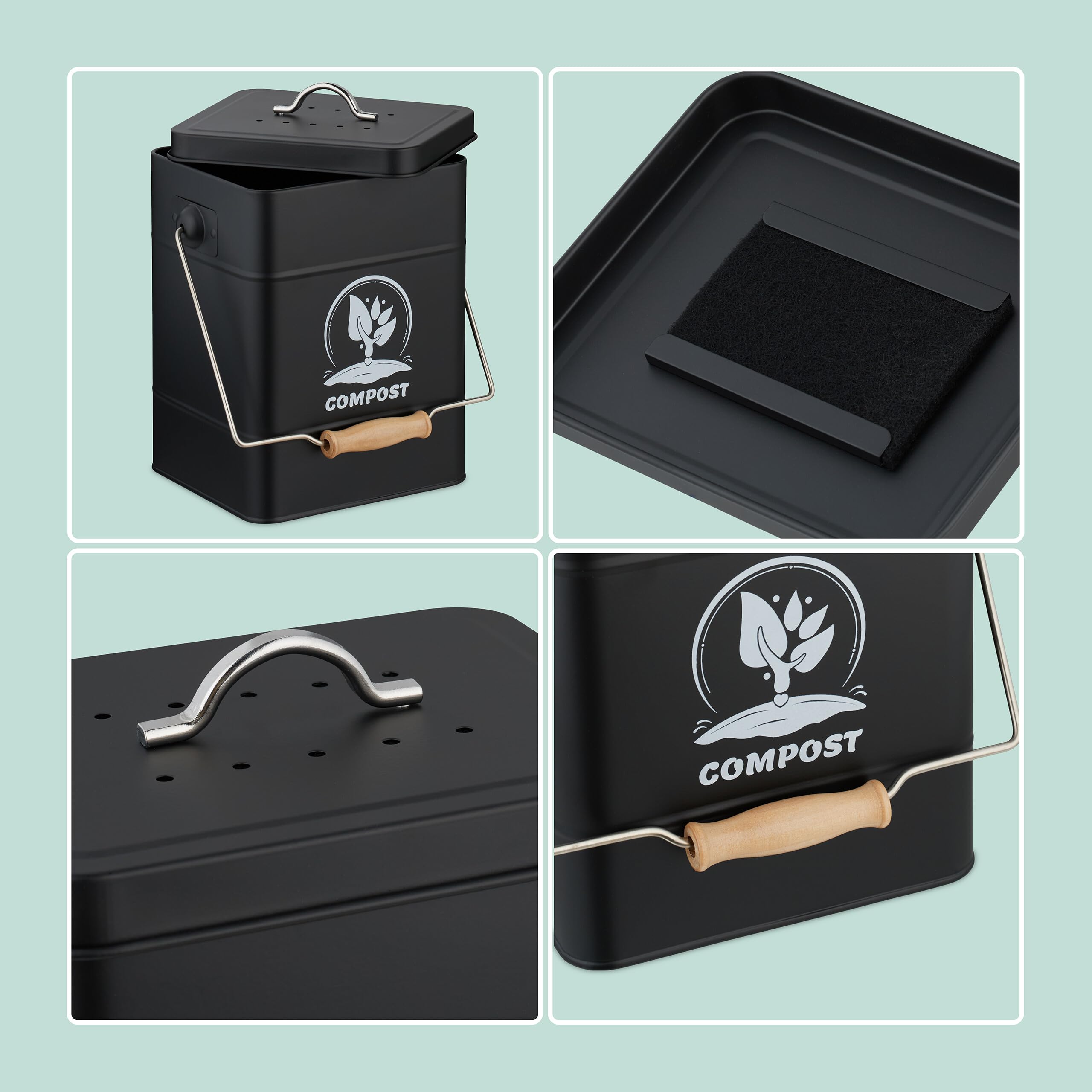 Relaxdays Compostera Cocina 6 L con Tapa y Filtro Olores, Cubo Compostaje Basura Orgánica, Acero Inoxidable, Negro
