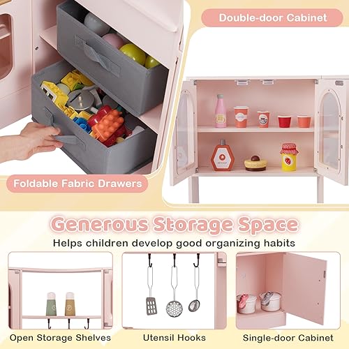 Miniatura 6 de Costzon Cocina de juego de esquina con luz y sonido reales, carrito extraíble, cubos de tela, estufas, máquina de hielo, microondas, horno, juego de