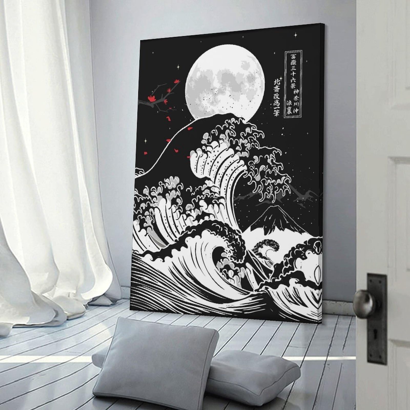 Junmoney Frame-Great Wave Off Moon Great Wave Off Moon Canvas Art Print 08X12inch(20X30cm), For Gallery Wall Layouts In Home Or Office, Decorative Artwork With Flexible Styling