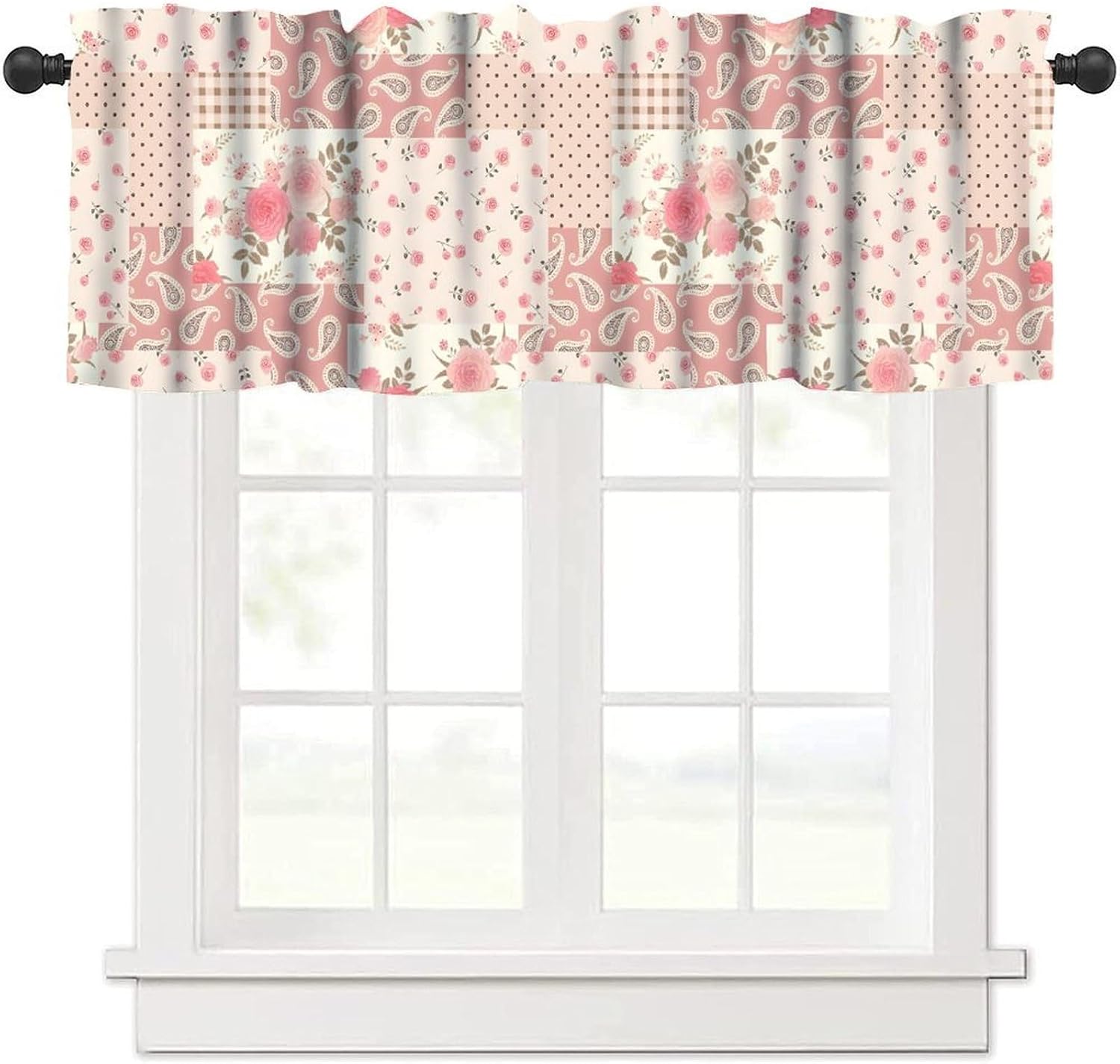 Floral Patchwork Valance, Pink Boho Rose Flowers Paisley Farmhouse Country Short Window Treatment for Girls Kitchen Bedroom Living Room, 54x18Inch