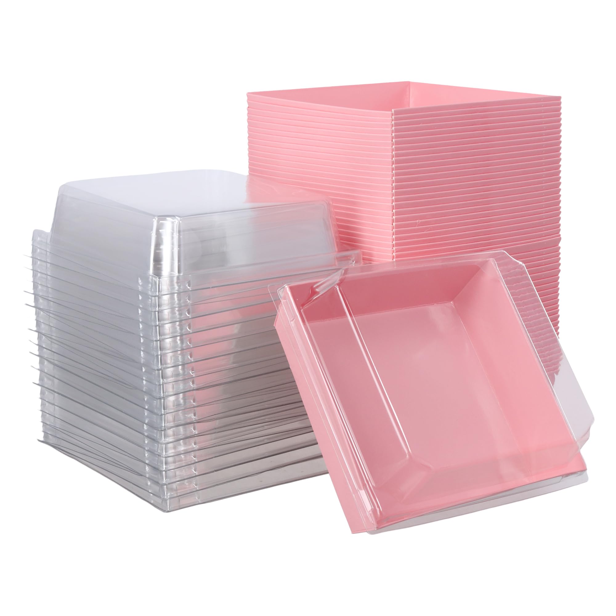 CHIHEUNG 50PCS Cake Slice Boxes, Pink Bento Dessert Box with Clear Lids, Charcuterie Boxes for Desserts, Macaron and Sandwich Cookies Takeaway, 13.5x12.5x6.5 cm