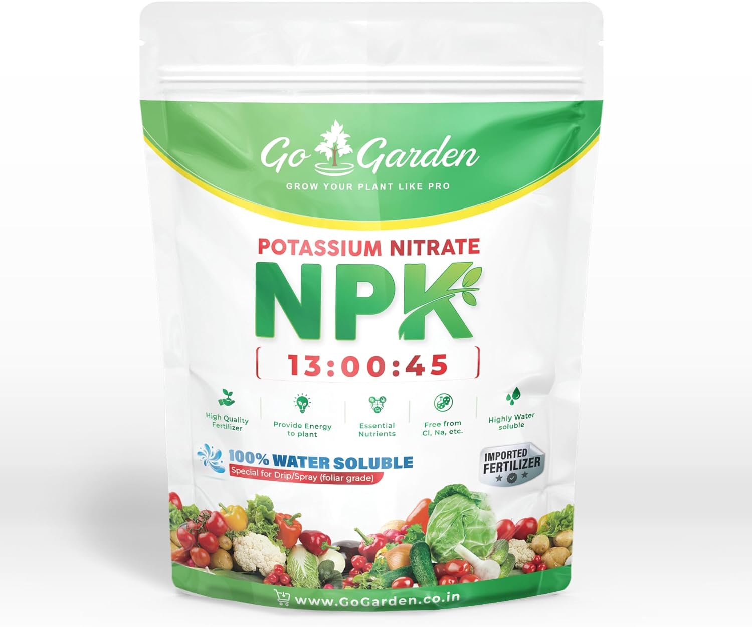 Go Garden Potassium Nitrate KNO3 NPK 13-0-45 Fertilizer | 100% Water Soluble Crystalline Powder | Multi-Purpose for Indoor & Outdoor Plants | Enhances Growth & Resistance | 900 G