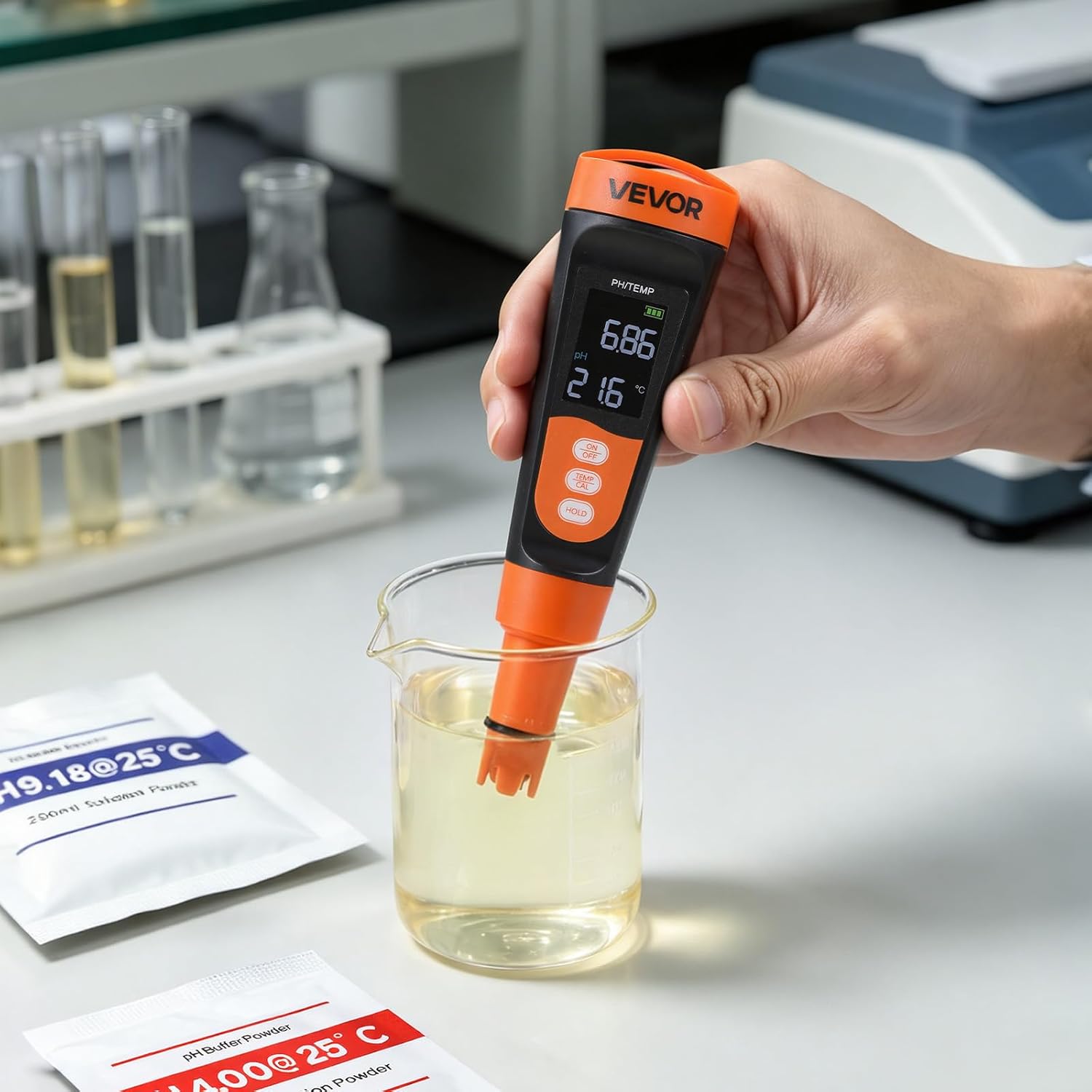 VEVOR pH Meter, 0-14 pH Range, IP68 Waterproof Probe, Pocket Tester Kit with Calibration Powder Packets, VA Display Screen, for Drinking Water, Hydroponics, and Aquarium Water Quality Testing