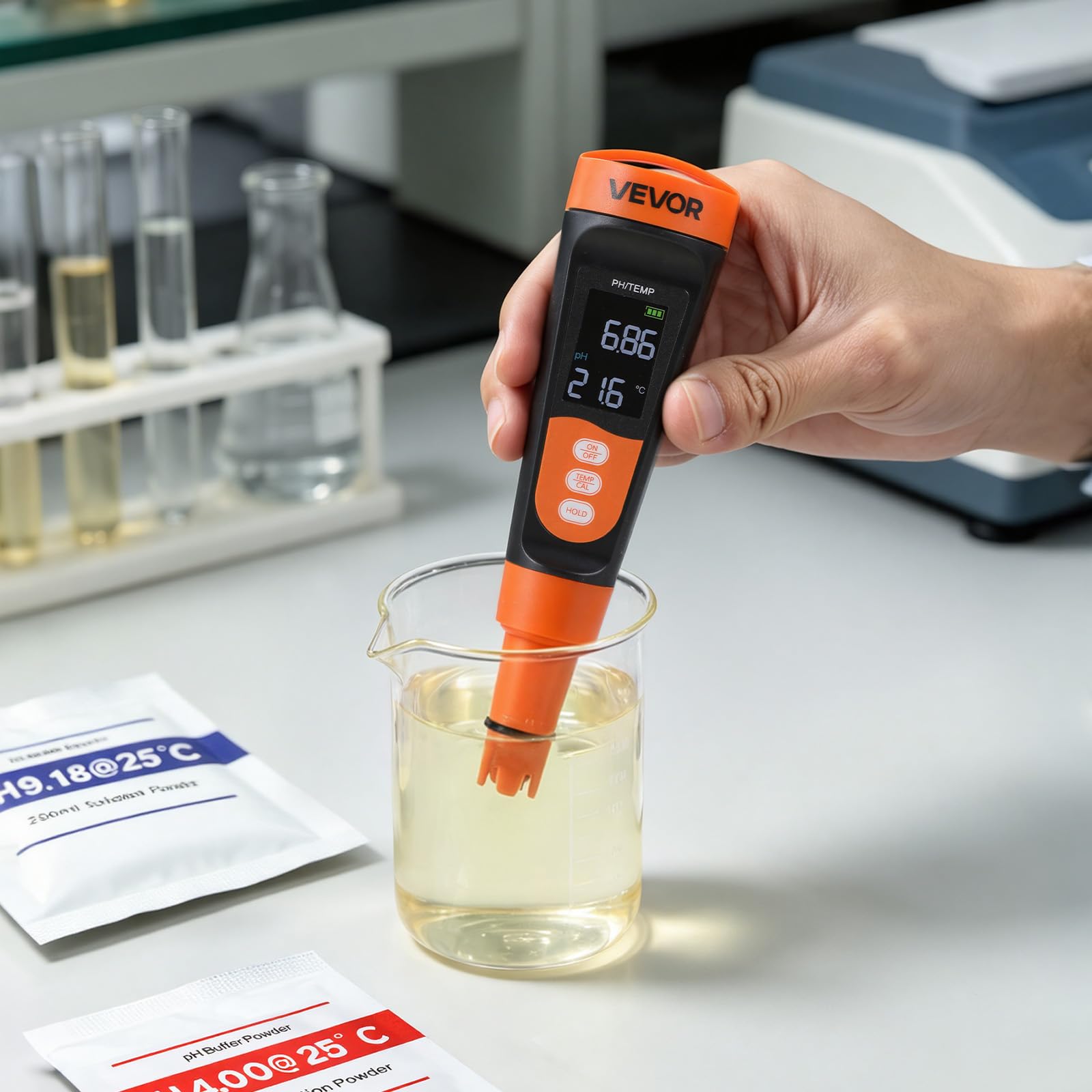 VEVOR pHmetro Portatile, Intervallo di pH 0-14, Sonda Impermeabile IP68, Kit Tascabile con Bustine di Polvere di Calibrazione, Display VA, per Test di Acidità Acqua Potabile Idroponica e Acquario