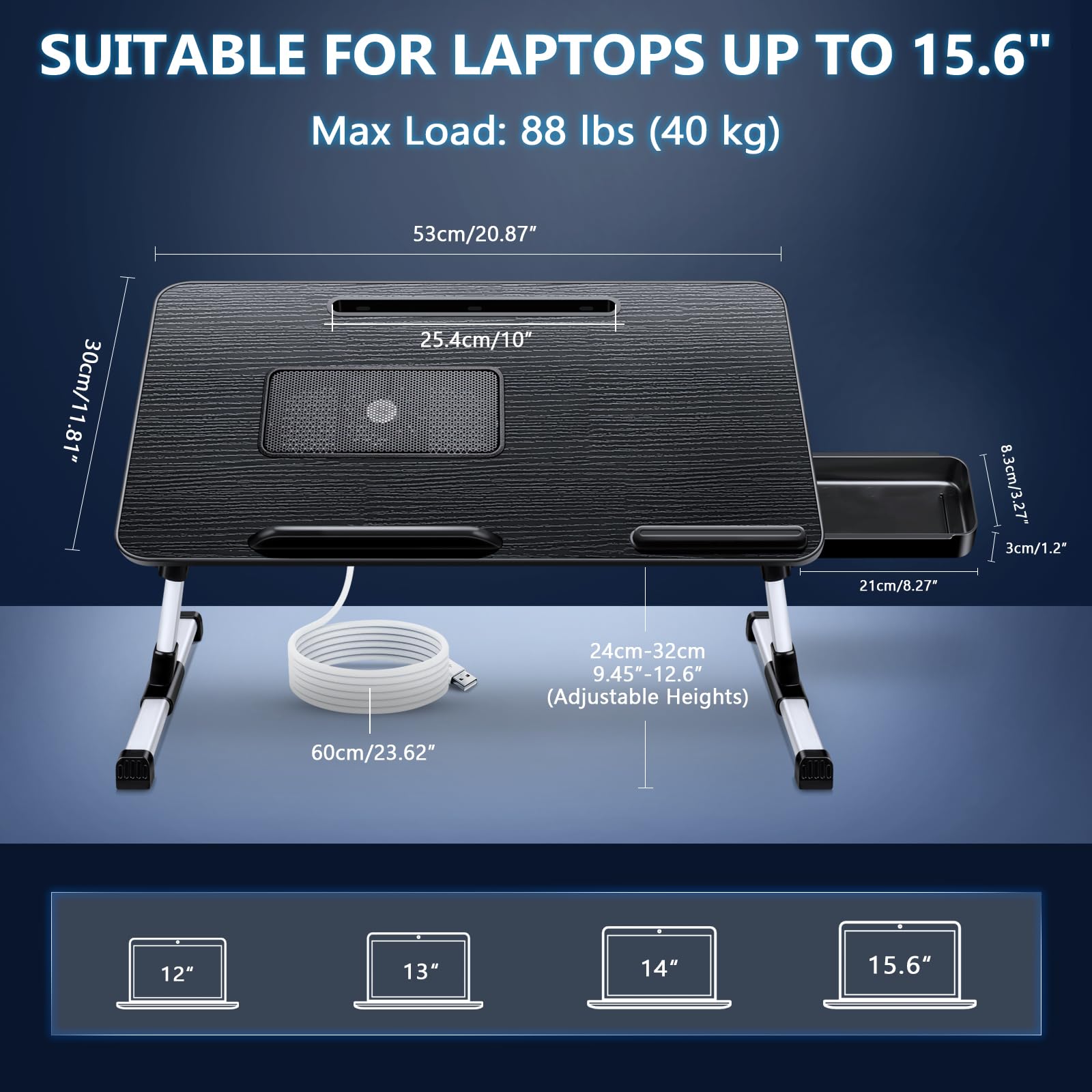 ICARE Table de Lit, Support Ordinateur Portable Lit, avec Refroidisseur PC Portable, Support pour Tablette,Tiroir, Réglable en Hauteur et Angle (53 x 30 cm, Noir)