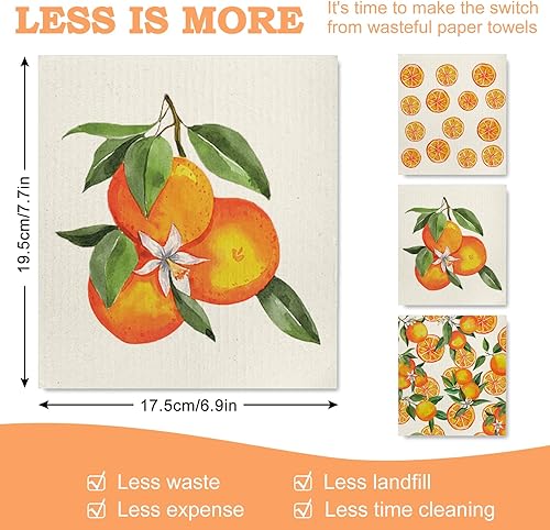 Miniatura 2 de Whaline Paño de cocina sueco naranja con patrón de frutas absorbente de algodón reutilizable, toalla de cocina, limpieza diaria, paños de cocina
