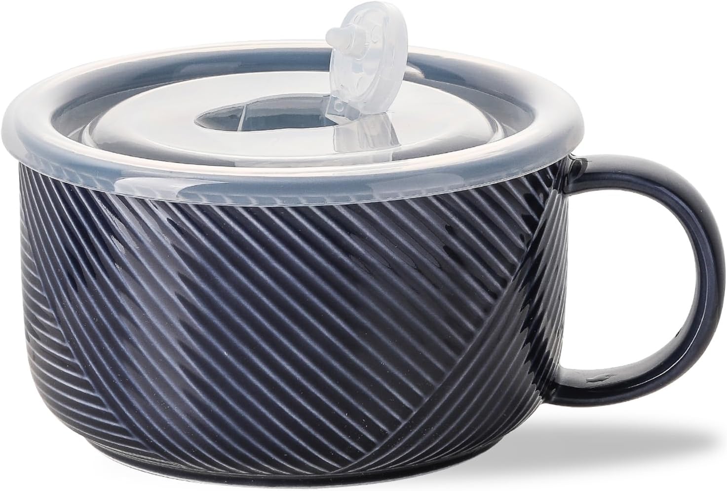 Oversized Soup Bowl with Handle: 38 oz Ceramic Soup Mug with Lid - Microwave Safe Jumbo Food Storage Container for Ramen Cereal Breakfast Meal Prep Office Lunch Dorm Living - Navy 6 Inch