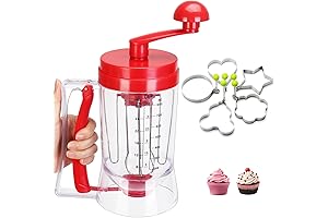 Pancake Batter Dispenser and Mixer with Measuring Scale and Bonus Baking Molds (Red)