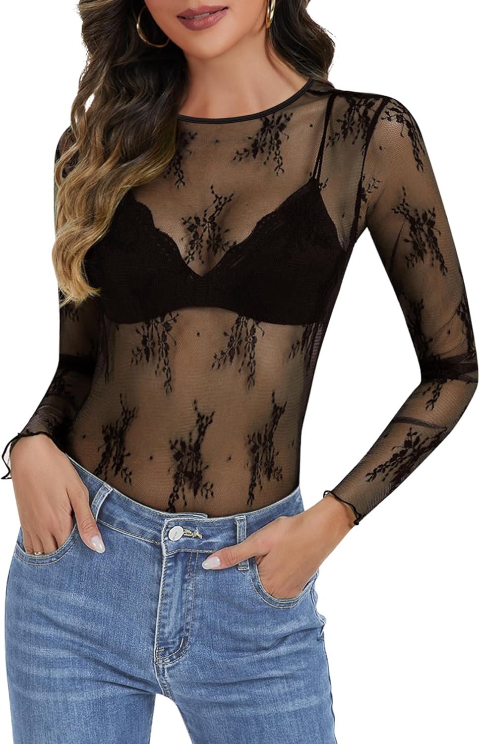 Lace Long Sleeve Tops for Women Mesh Sheer Sexy Undershirt Crew Neck Floral See Through Shirts - Image 5