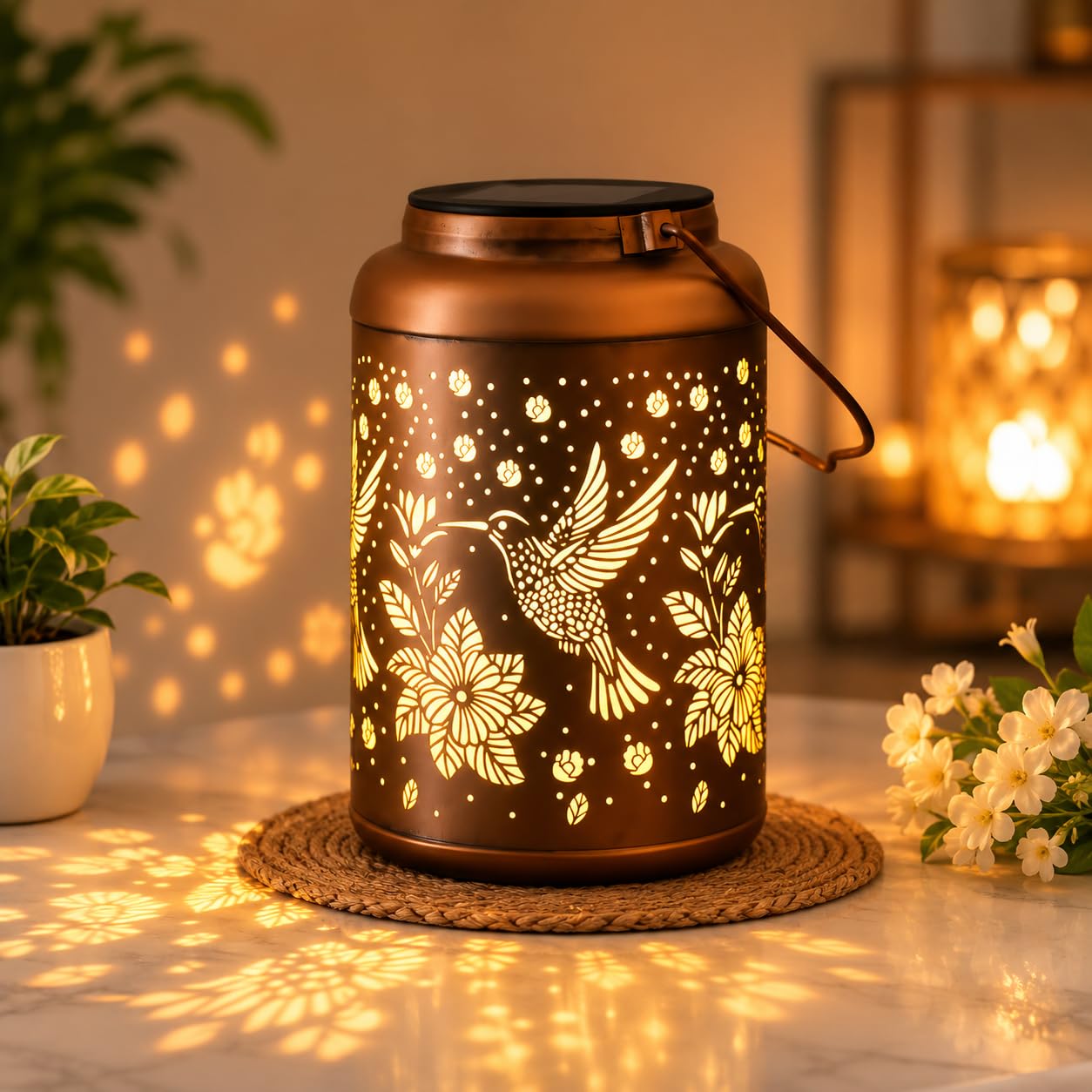 MISCIBLE Solar Lantern with Hummingbird Floral Cutout Design - Warm LED Glow | Outdoor Indoor Lantern for Home Decor, Balcony, Garden, Patio & Festive Decoration-picture-39