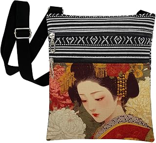 Vintage Japanese Geisha Chrysanthemum Peony Crossbody Bag | Adjustable Strap Single Bag Secure Zipper Purse Phone Wallet Keys Lip Gloss Ideal Holiday Birthday Present for Sister Friend