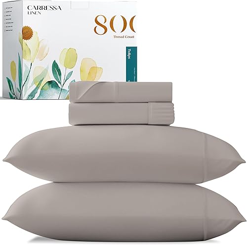 Carressa Linen Juego de sábanas de algodón egipcio suave de fibra larga de 800 hilos, juego de 4 piezas, sábanas tamaño King, hasta 17 pulgadas de