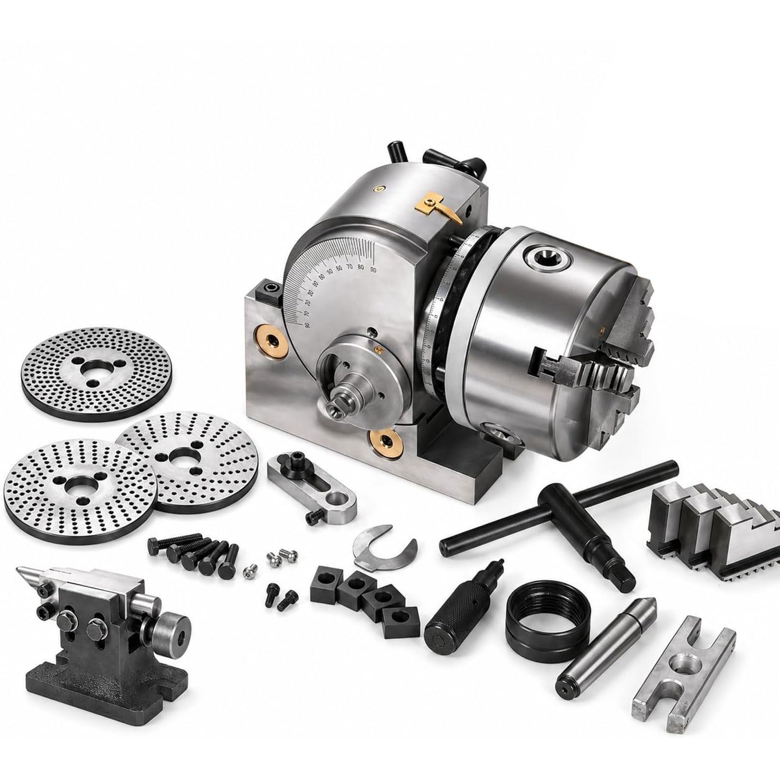 FHRKA 4/5/6 inch Heavy Duty 3 Jaw Chuck Dividing 1:40 Indexing Ratio,Heavy Duty,Milling Set with MT2 Tailstock and Dividing Plates (5inch)
