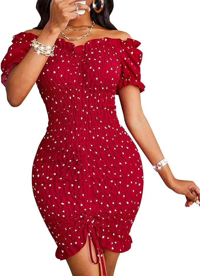 PRETTYGARDEN Women's Summer Off Shoulder Bodycon Dresses Short Sleeve Drawstring Sexy Mini Party Club Smocked Dress