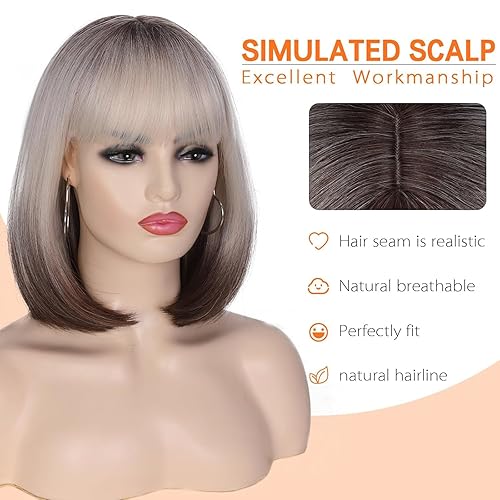 Miniatura 10 de Lady Miranda Peluca de cabello liso azul azulado, estilo Bob, con flequillo, pelucas sintéticas completas para mujeres, pelucas de cosplay (verde