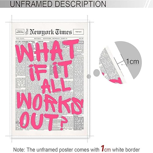 Miniatura 3 de Drimiler Póster retro de periódico rosa con texto en inglés What If It All Workout (What If It All Workout) en lienzo para pared, cita positiva,