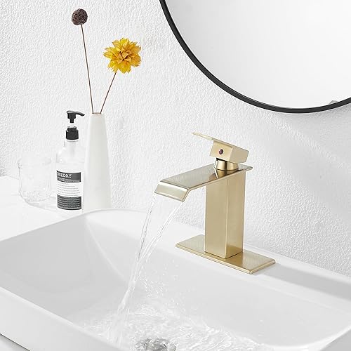 Miniatura 8 de GGStudy - Grifo de baño tipo cascada de oro cepillado para fregadero de baño, montaje en cubierta, manija única, 1 agujero, grifo de tocador de baño