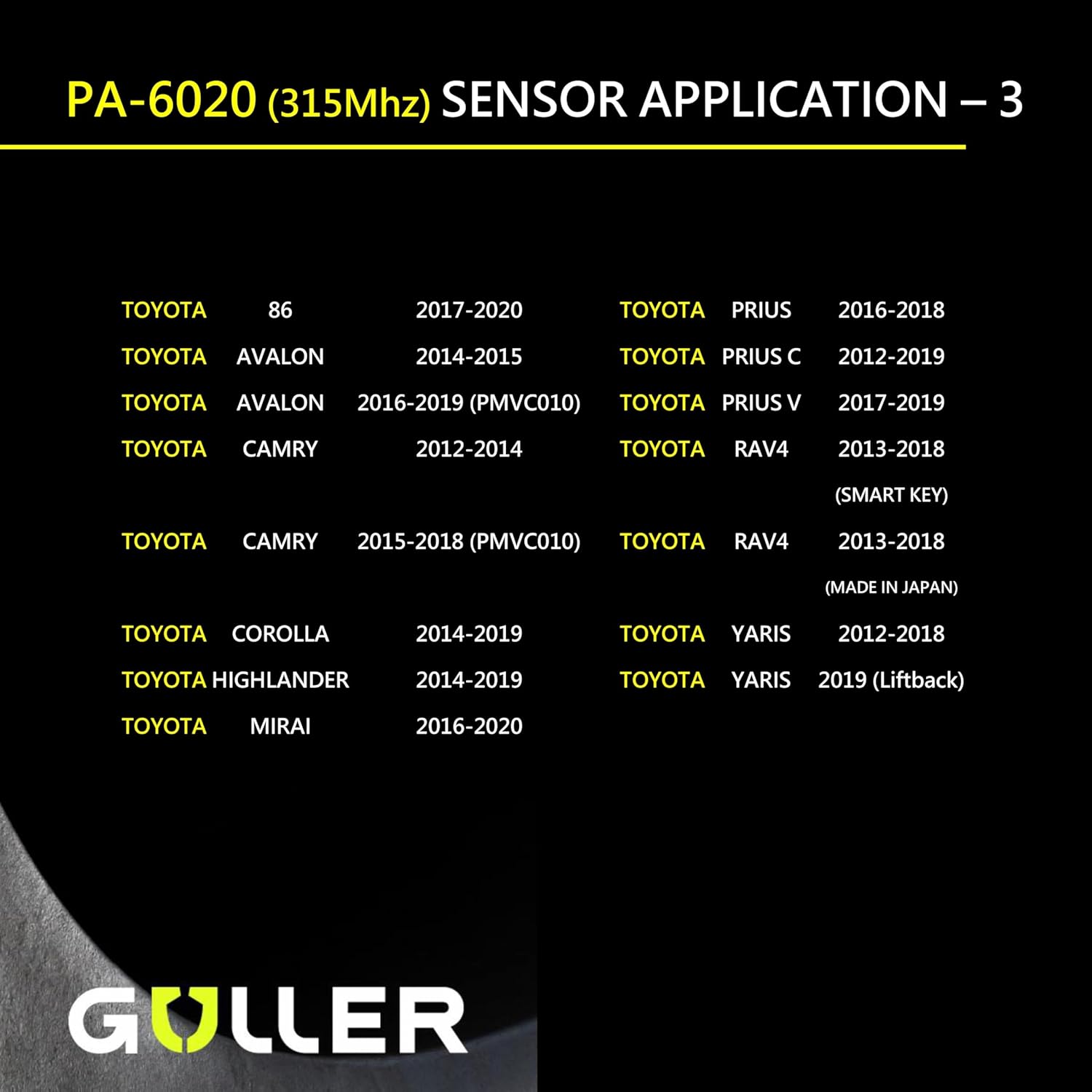 GULLER TPMS 315MHz Tire Pressure Sensor 4-Pack | Preprogrammed for Toyota, Lexus, Scion, Subaru | Replaces Part# 42607-06020, 42607-30060 | Snap-in | PA-6020-4