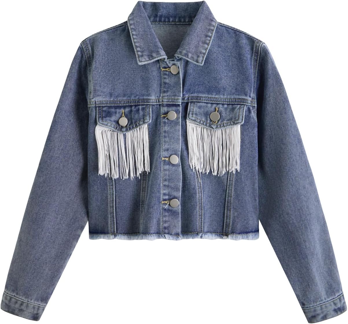 MakeMeChic Girl's Fringe Denim Cropped Jackets Long Sleeve Raw Trim Button Down Jean Cowgirl Y2K Cute Jacket