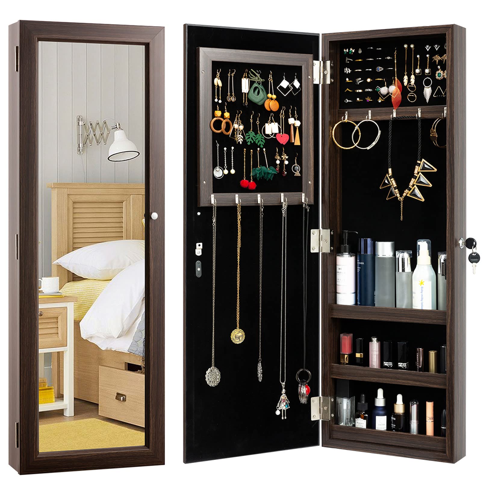 HollyHOME Mirrored Jewelry Lockable Wall Door Mounted Jewelry