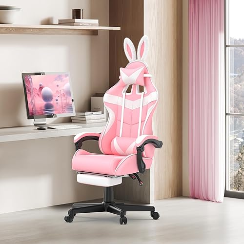 Soontrans Pink Gaming Chairs with Bunny Ears, Footrest,Ergonomic Home Office Desk Pink Chair,Lovely PC Computer Game Chair with Headrest and Lumbar Support Gamer Chair for Girls - Pink